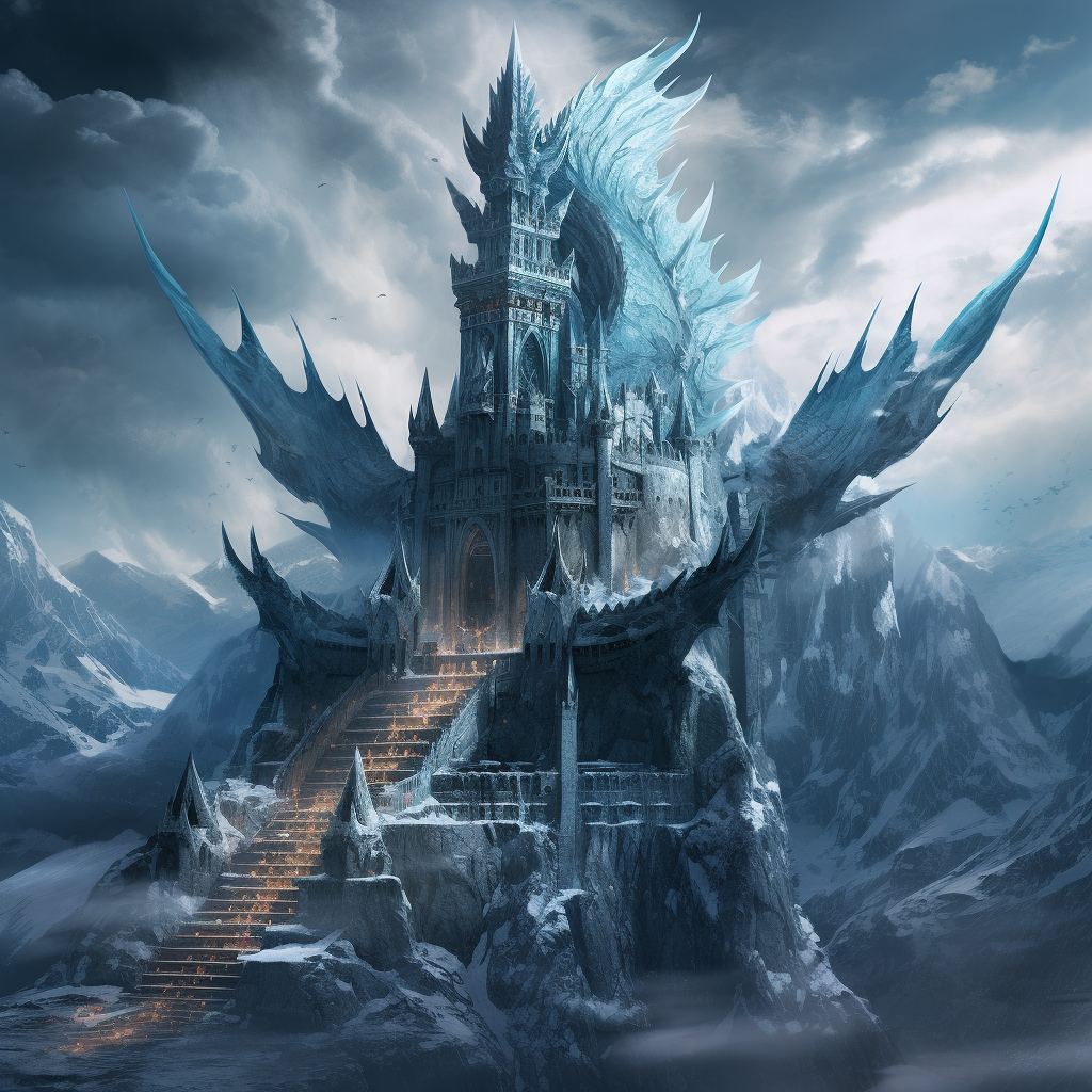 Beautiful icy castle with ice dragon