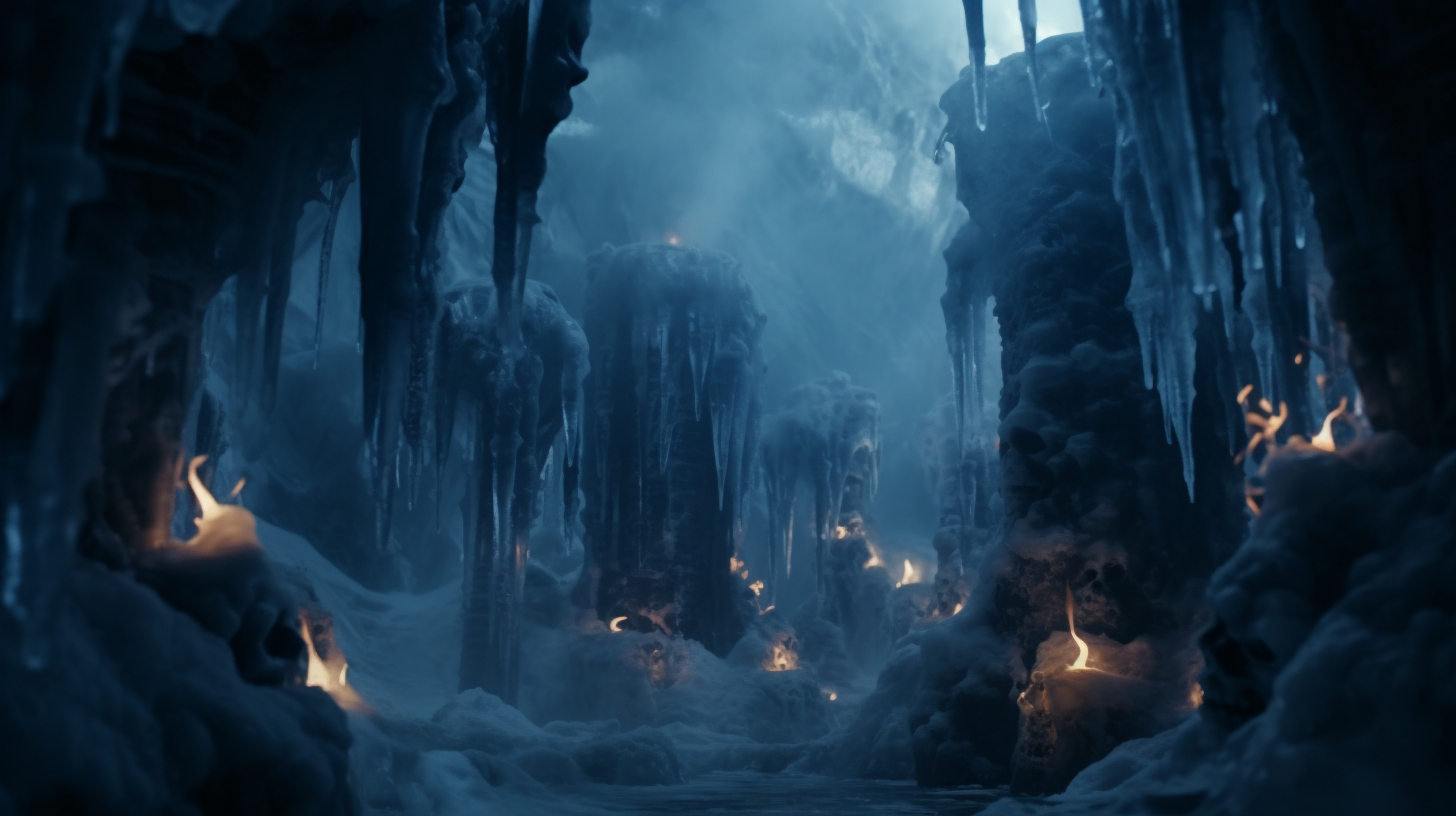 Frozen underworld with haunting mythical figures