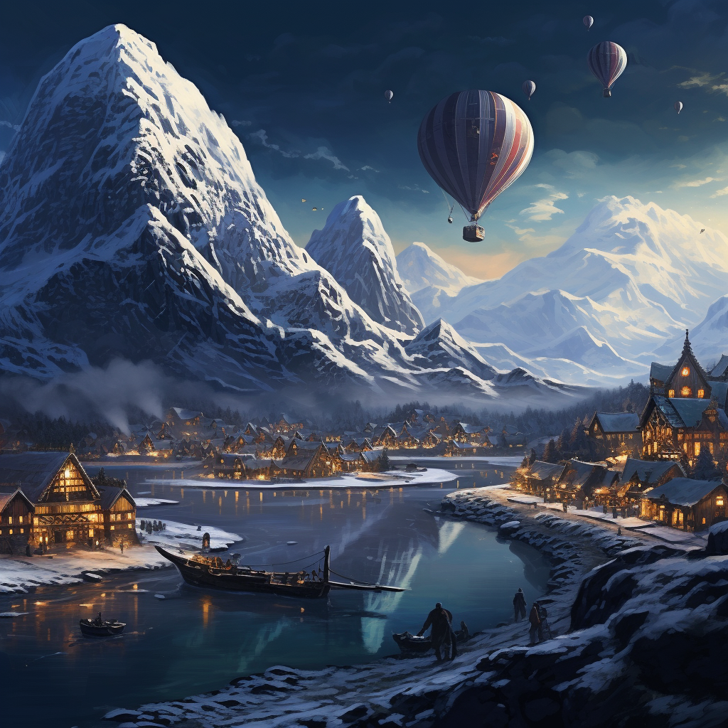 Beautiful snowy peaks in icy Viking village