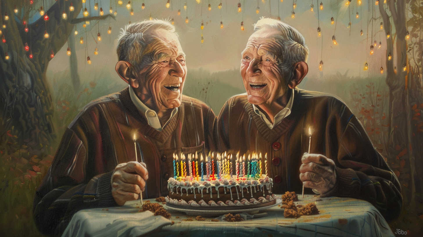 Oil painting of identical twin men birthday