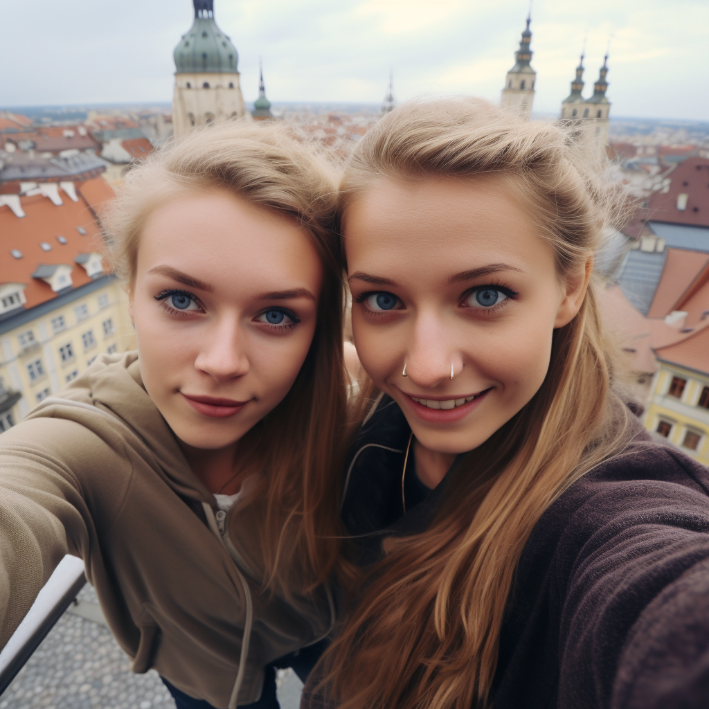 Identical twin sisters taking a selfie in Prague