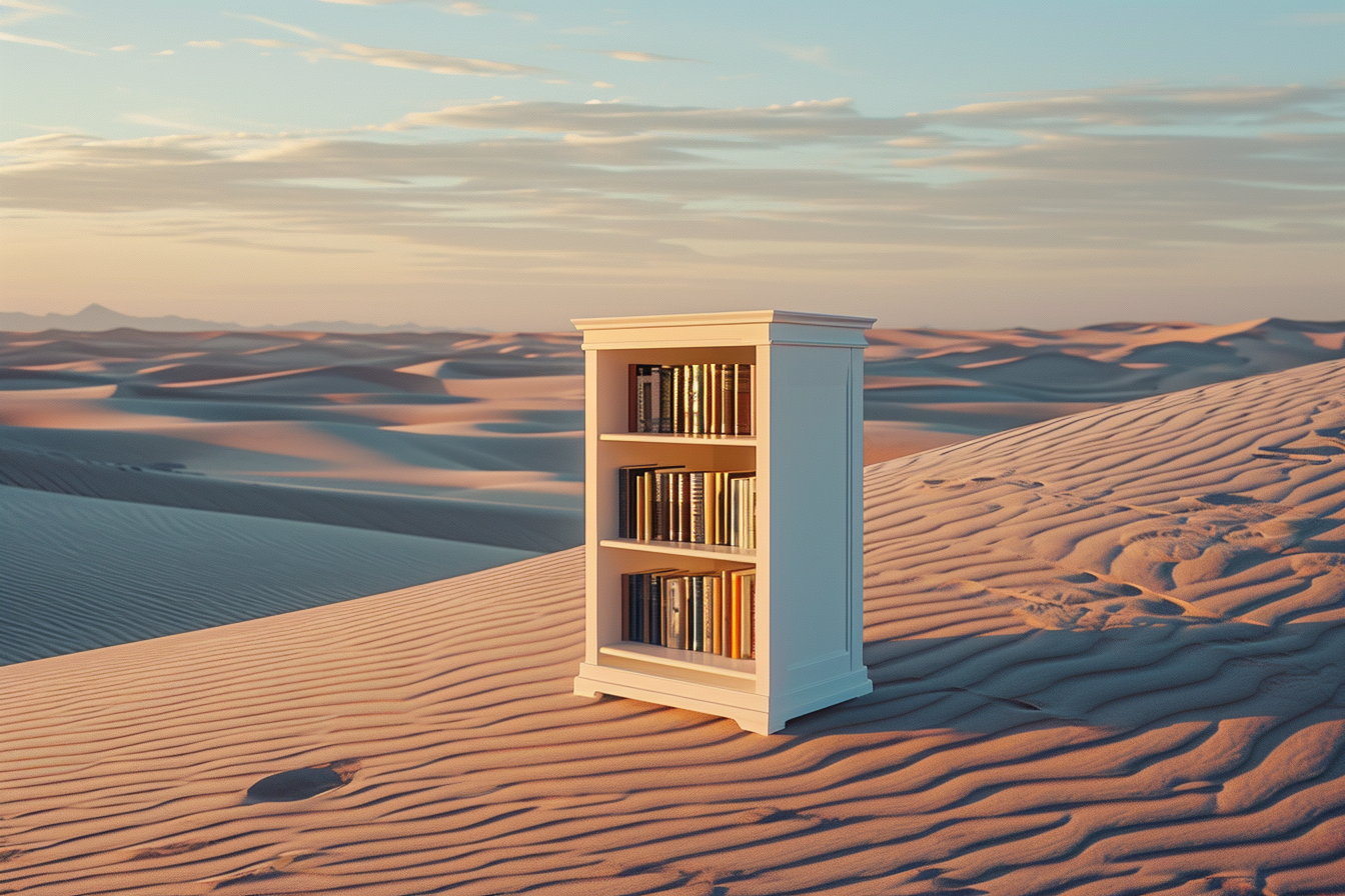 Small white bookshelf in desert sunset