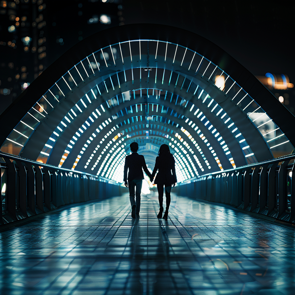 Two people meeting on bridge