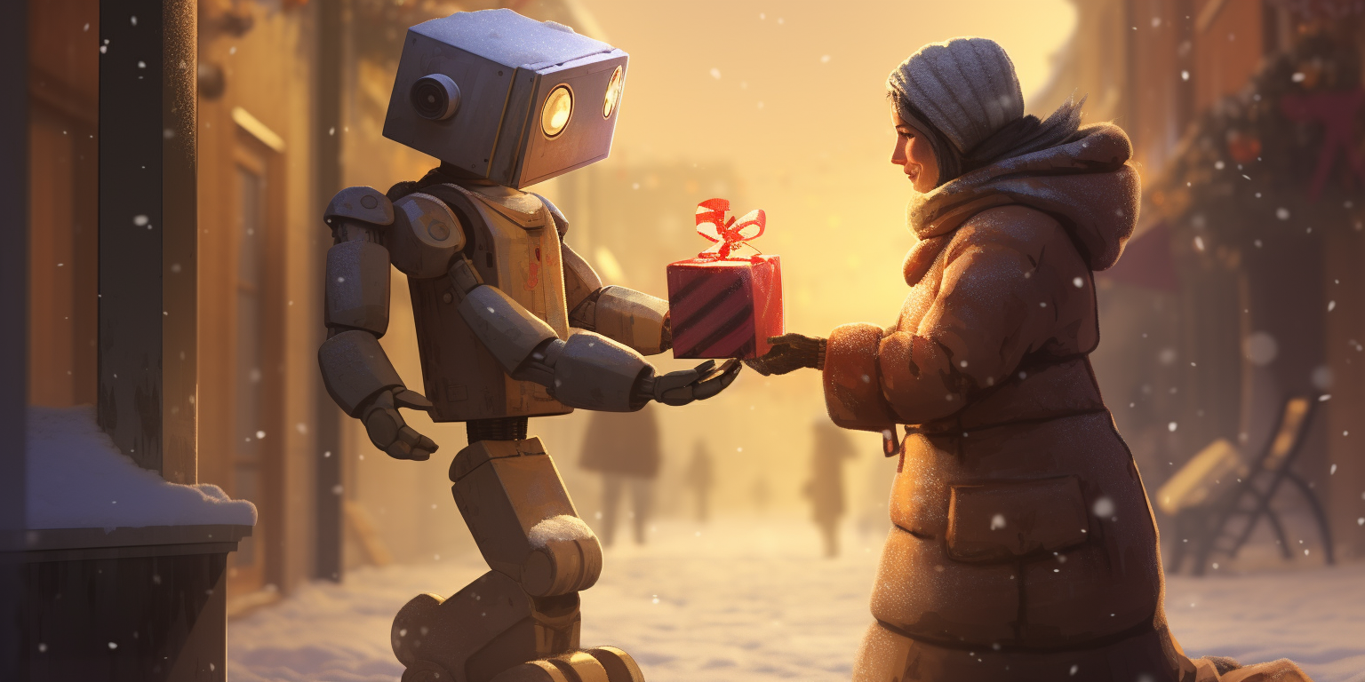 Robot handing illuminating gift to woman