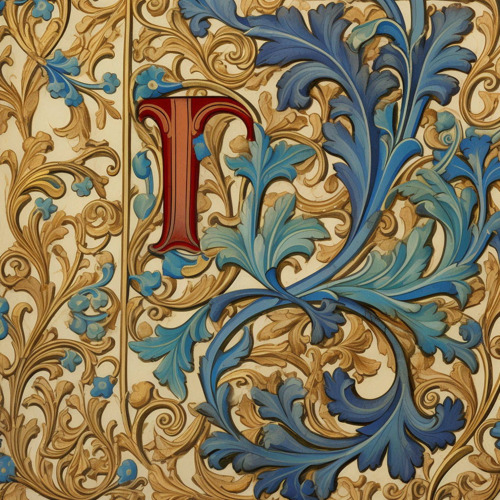 Ornate letter 'L' with intricate designs in illuminated manuscript