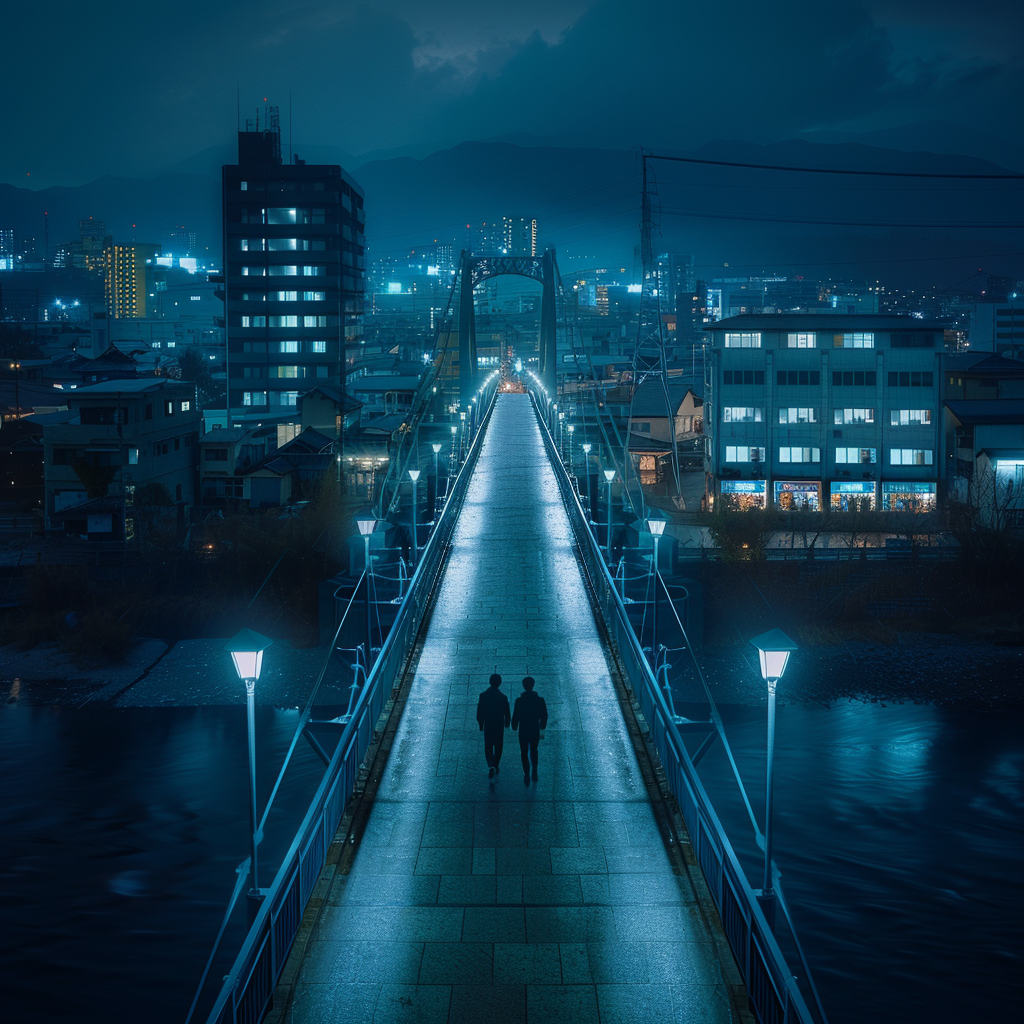 Two people meeting on illuminated bridge