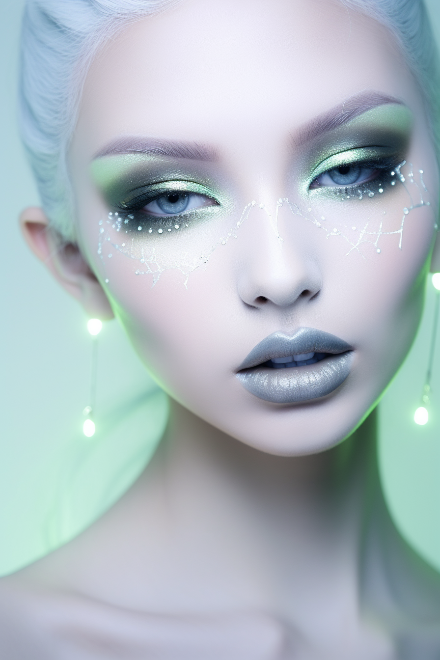 Person with illuminated subdermal biomorphic pores and mint green eye shadow