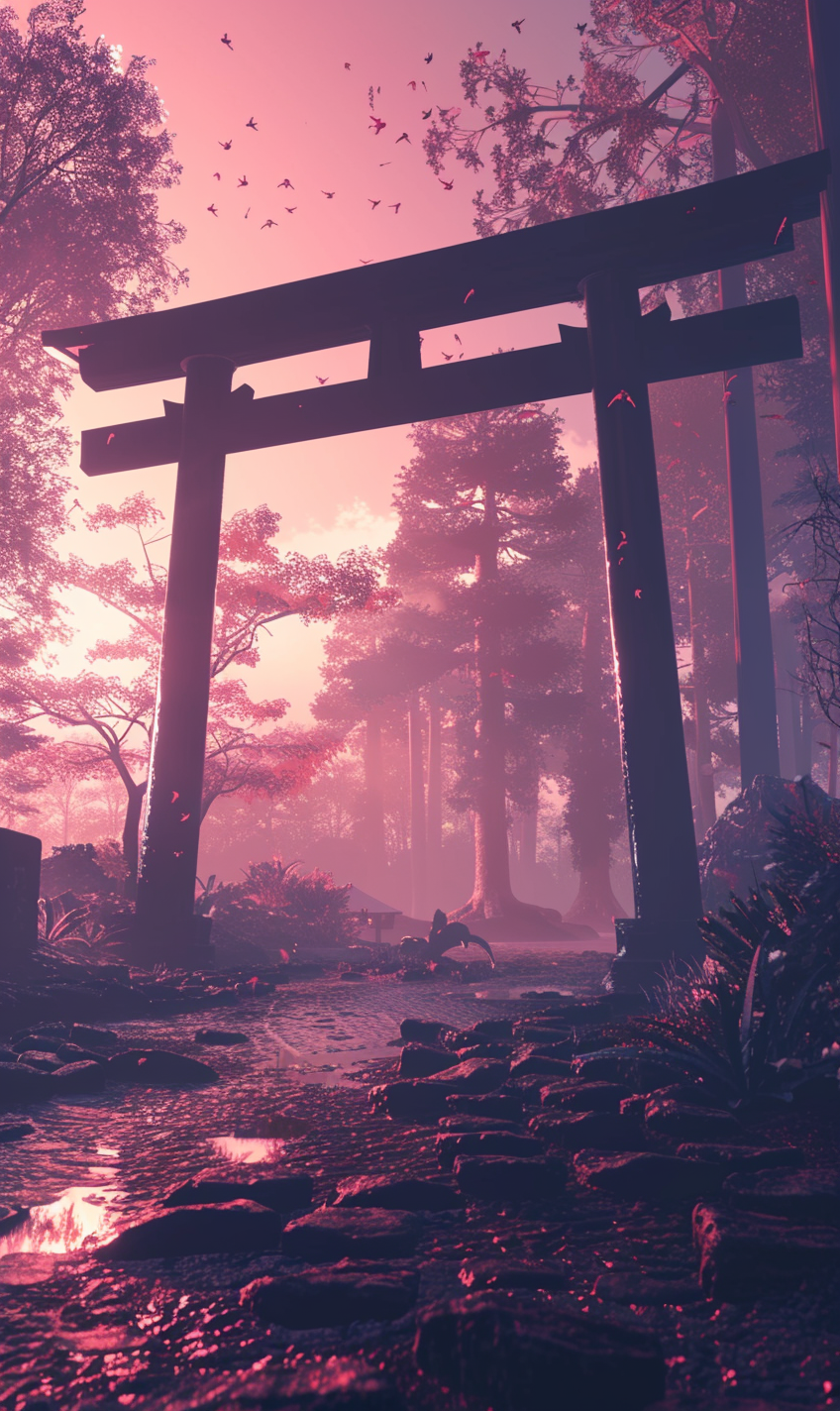 Sacred Japanese Torii Gate Pink Sky