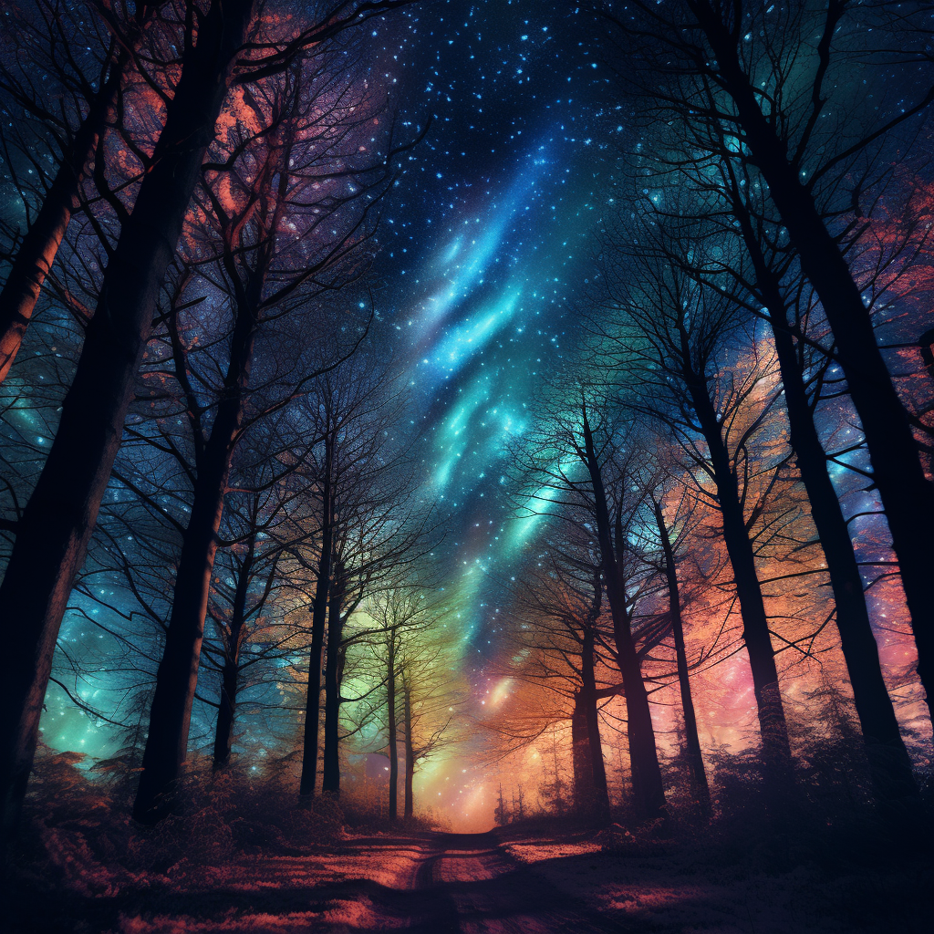 Colorful Tree Leaves against Starlit Sky