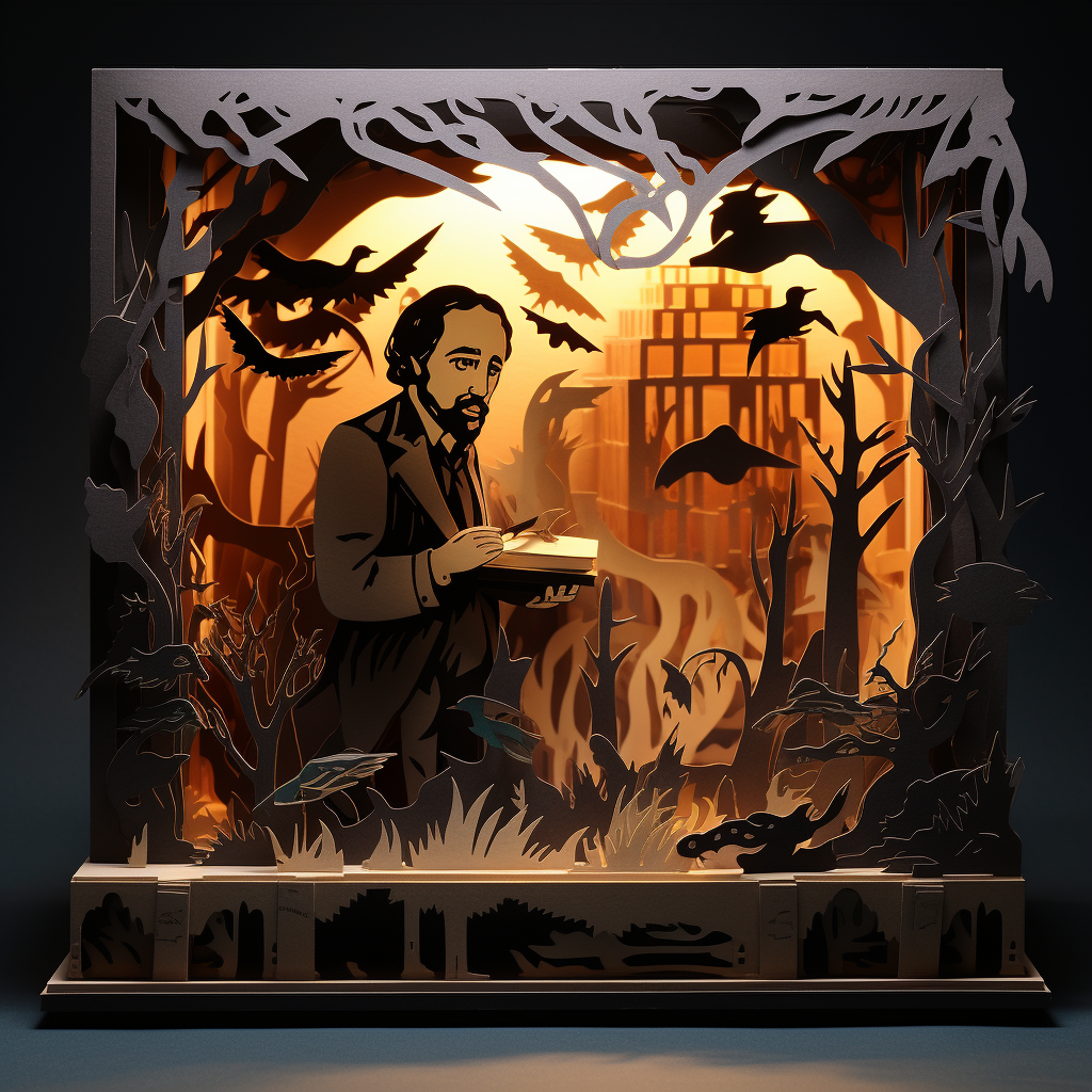 Shadow box paper cutouts of Edgar Allen Poe