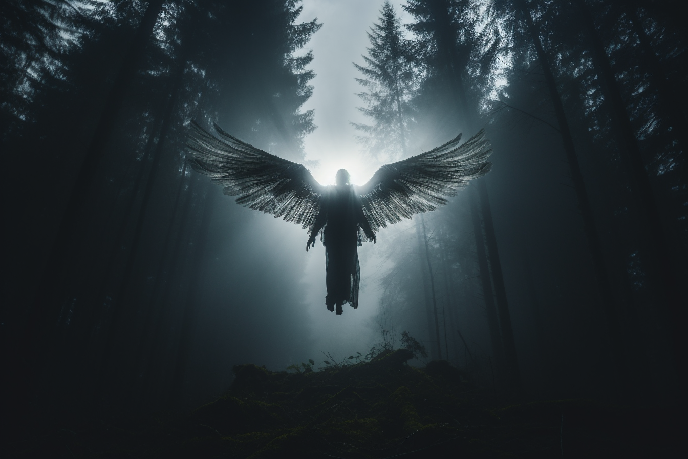 Cinematic angel in dark forest