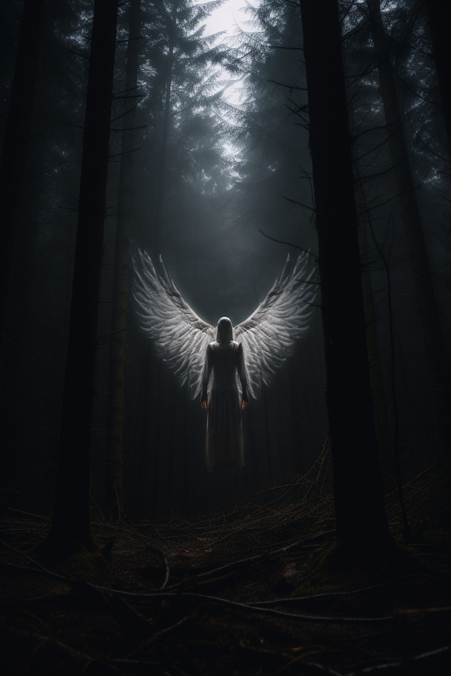 Angel walking in dark forest