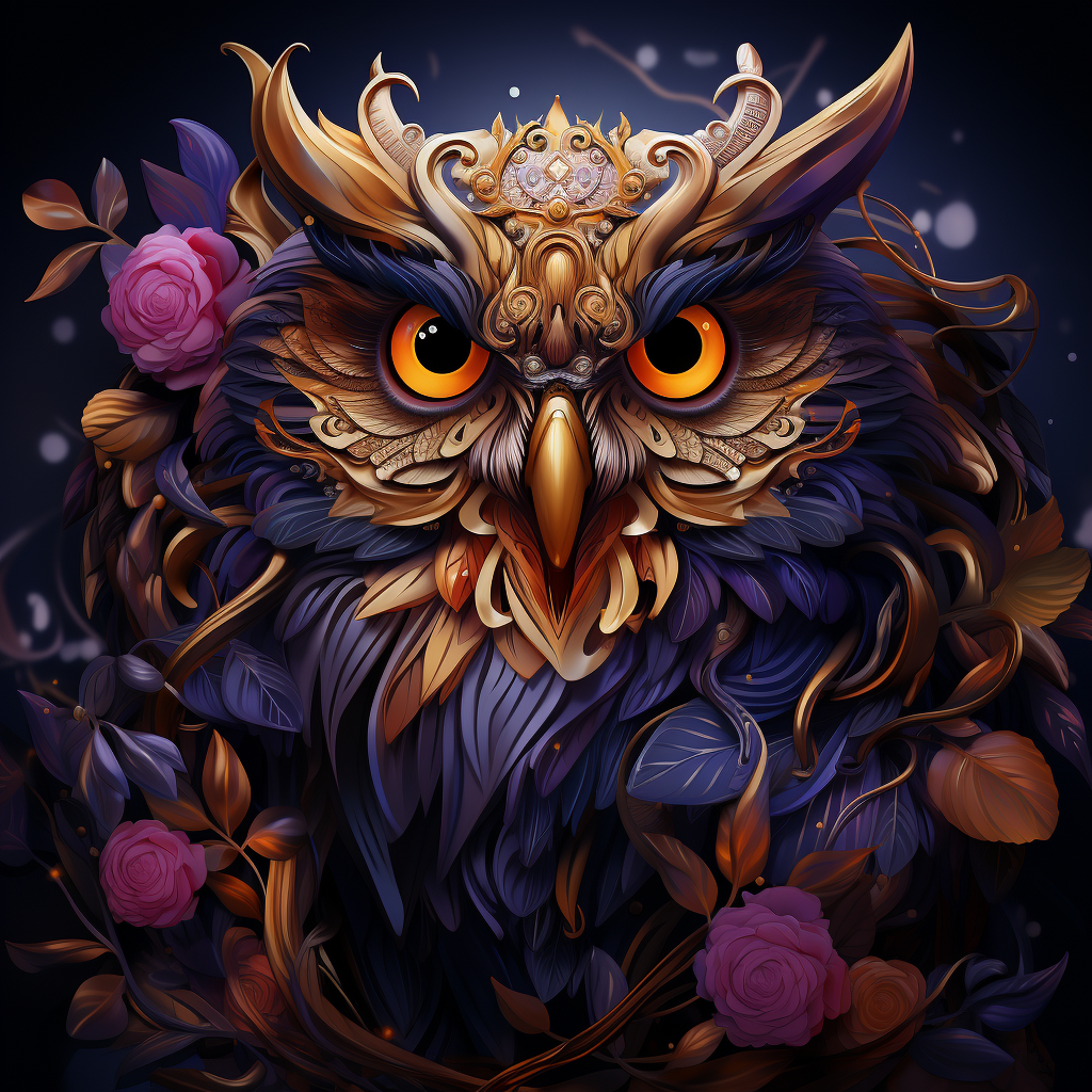 Colorful illustrated owl in gold purple