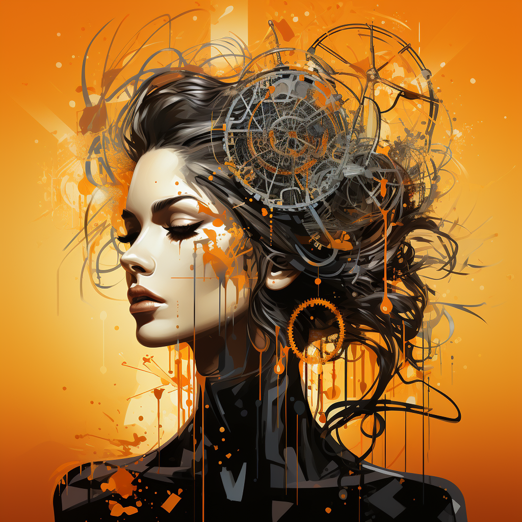 Beautiful woman with gears as brain on orange background
