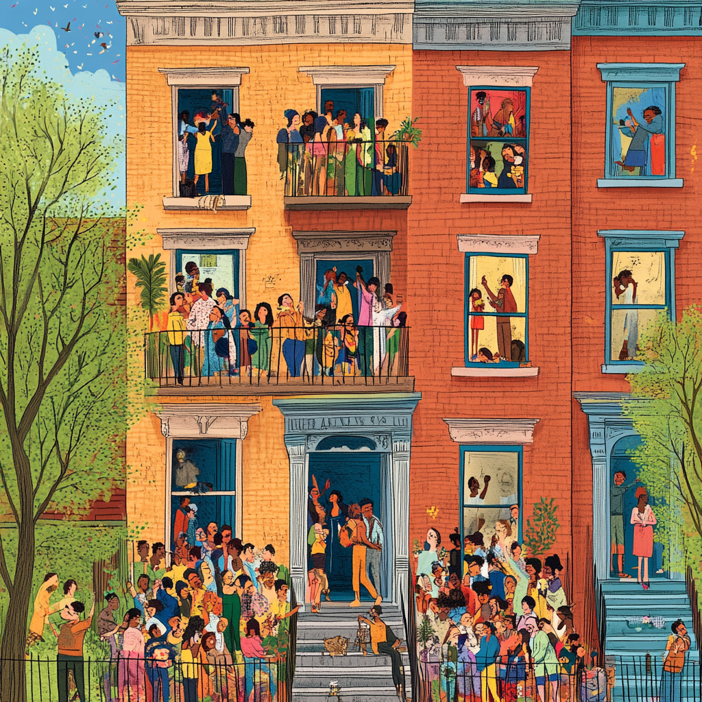 illustration of brownstone with diverse people filling it chaos