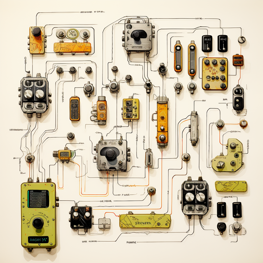 Detailed technical drawing of imaginary guitar pedals