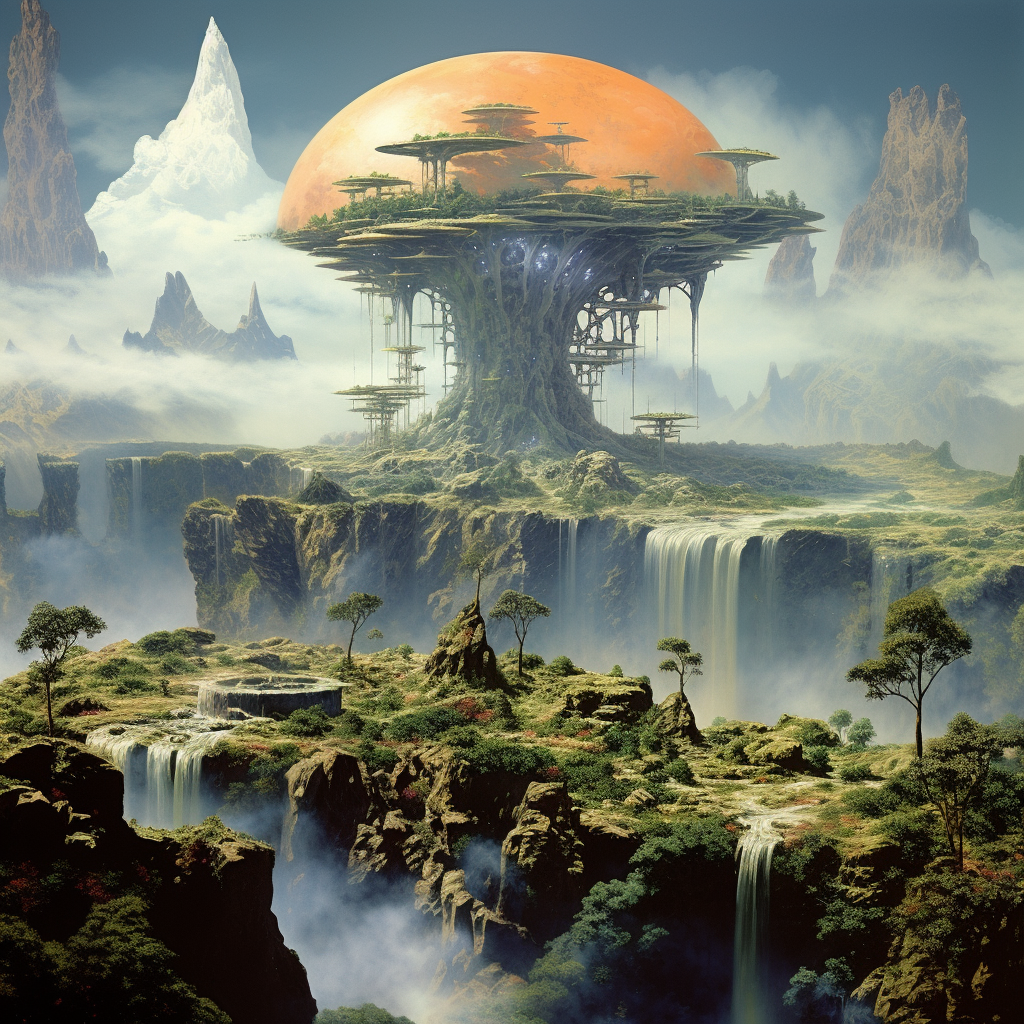 fantasy planet landscape with floating mountains