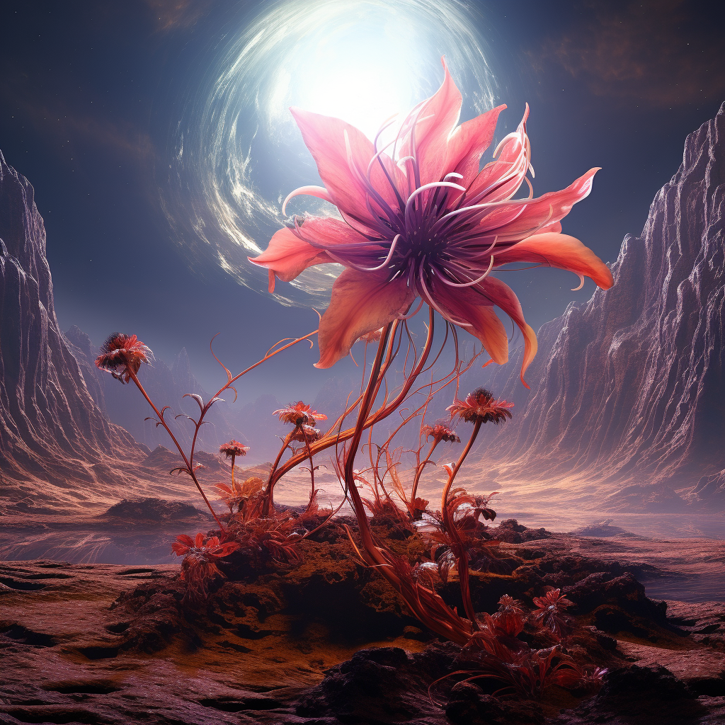 Colorful imaginary flower with exoplanet fauna