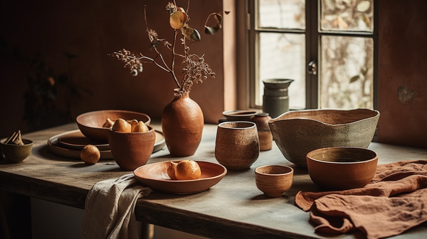 Editorial-style interior decor image with ceramic bowls and plates, linen napkins, and wooden bowls