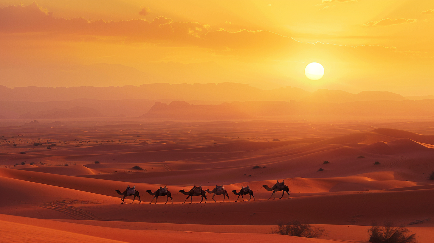 Camel caravan in desert landscape