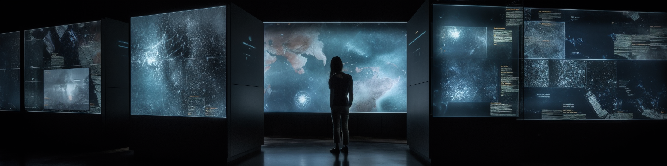 Immersive exhibition with dark room and borderless screens