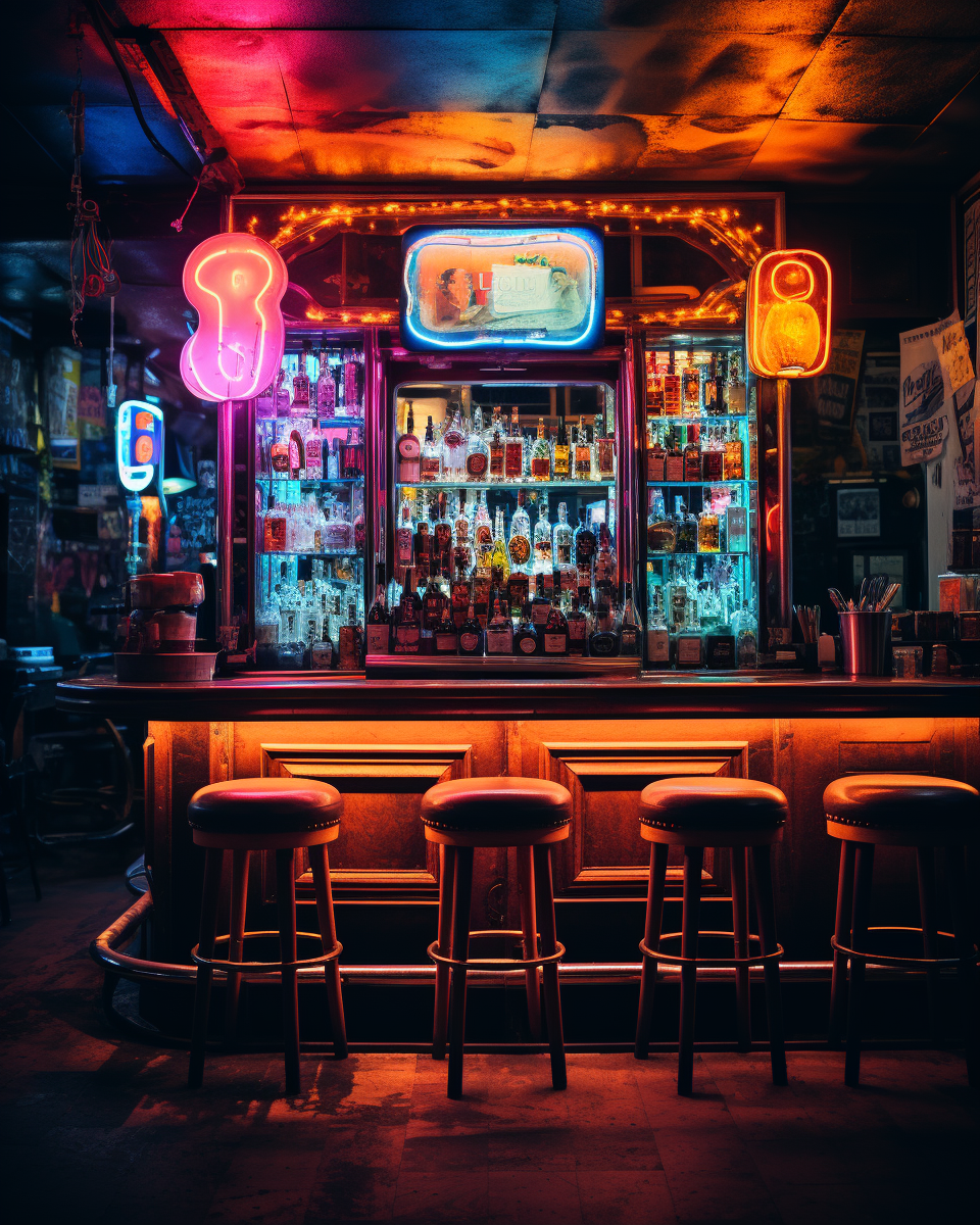 Neon-lit bar scene with moody ambiance