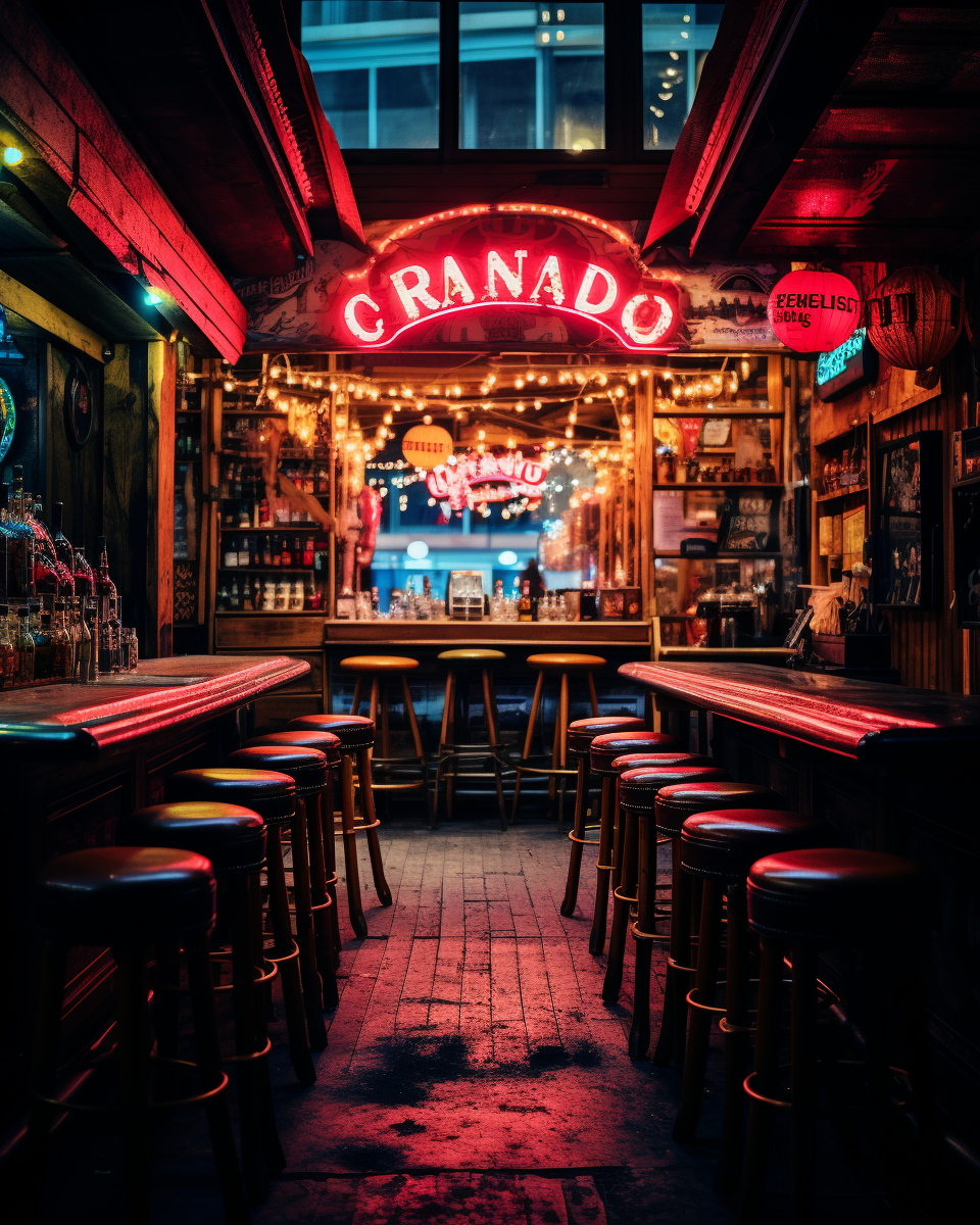 Neon-lit bar in immersive and moody atmosphere