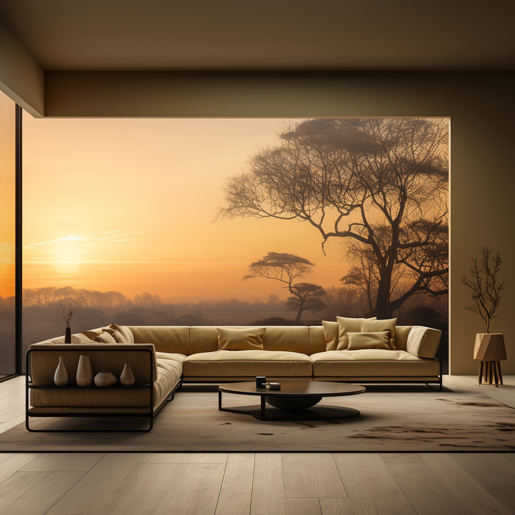 Luxury living room with immersive landscape wallpaper