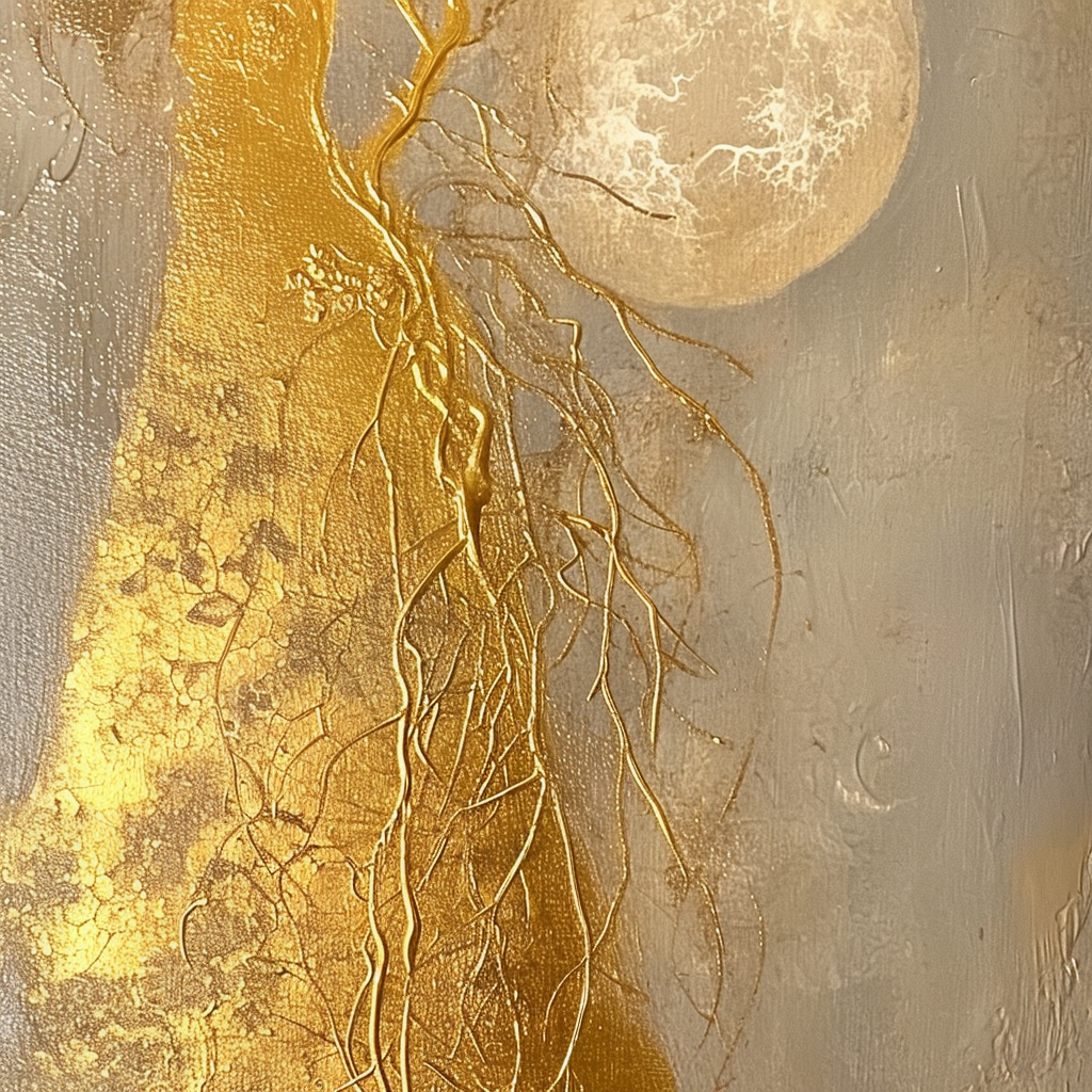 Impasto painting with golden lighting on hand veins