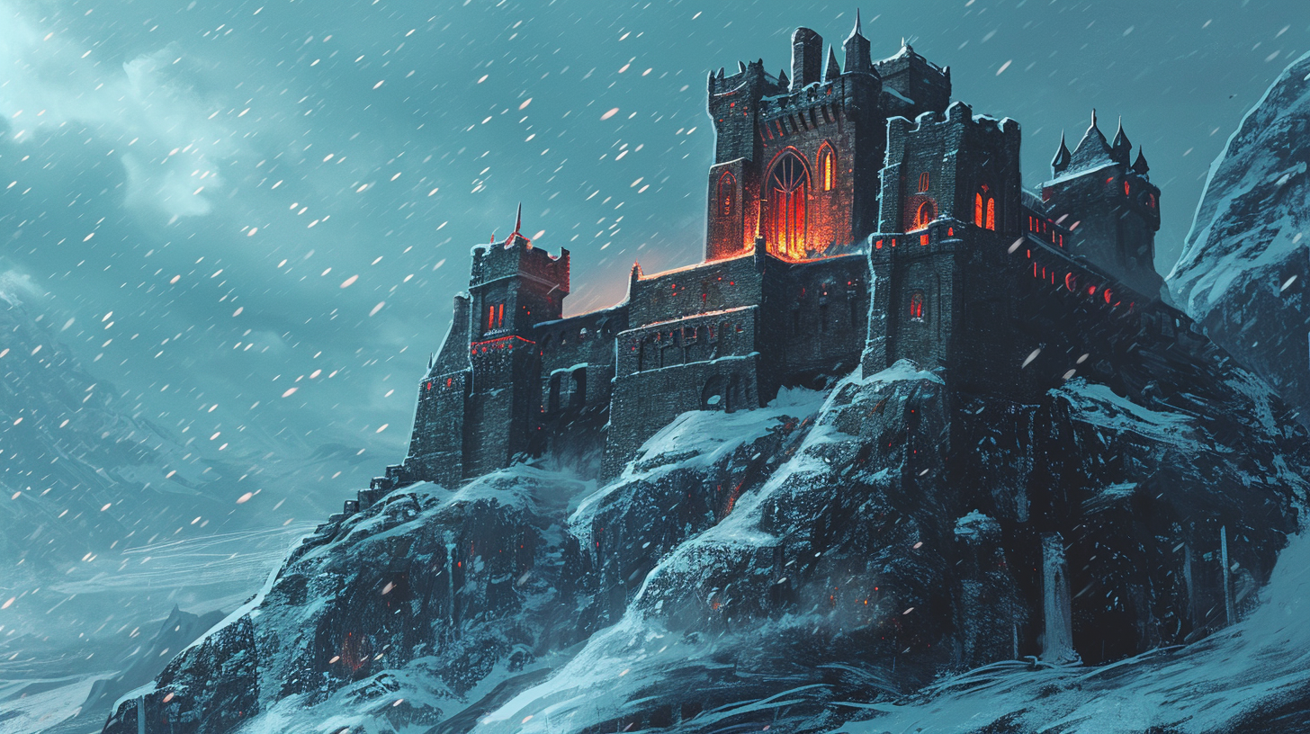 Illustration of an imposing snowy fortress at night