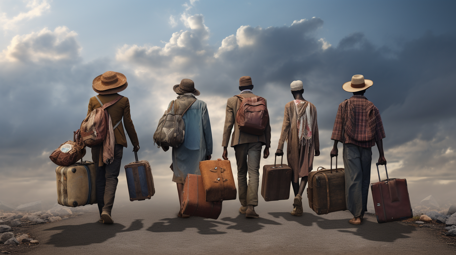 Impoverished African travelers with luggage