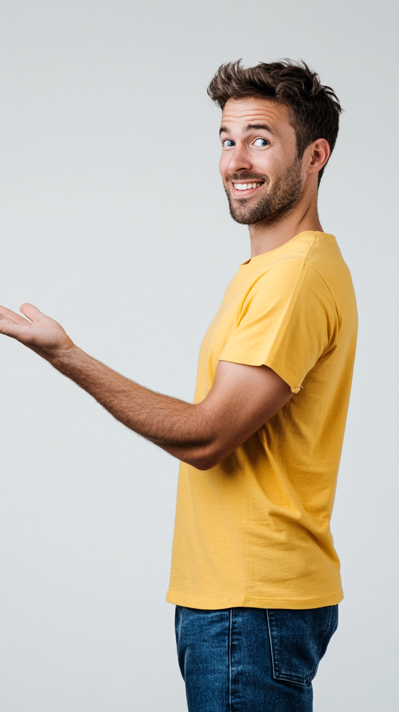 Caucasian man impressed wow expression blue jeans yellow shirt