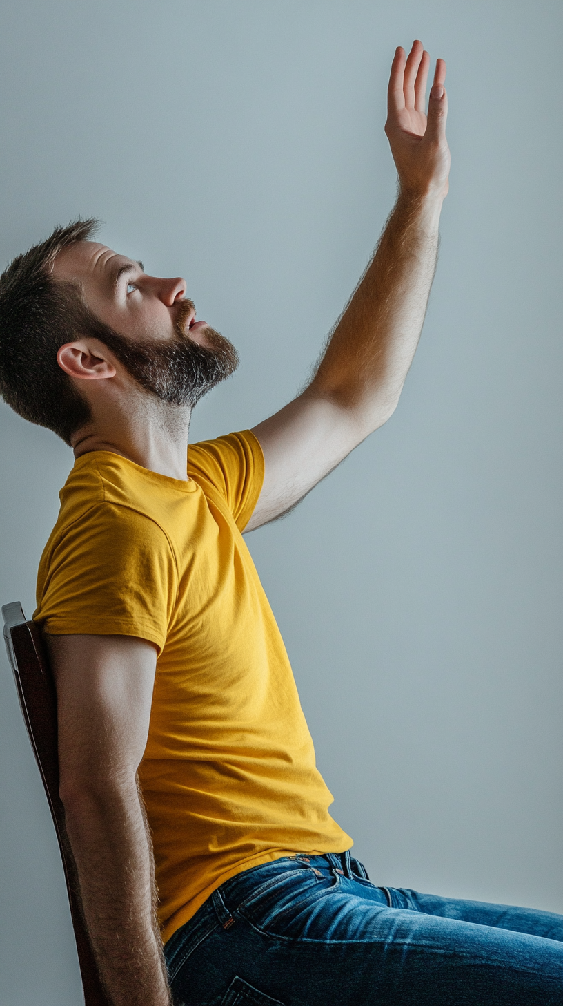 Impressed man reaching out for chair