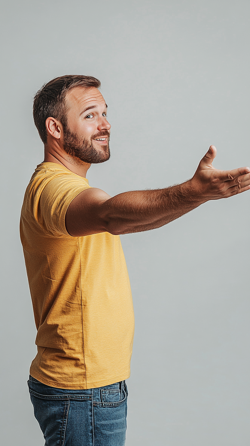 happy man reaching out expression