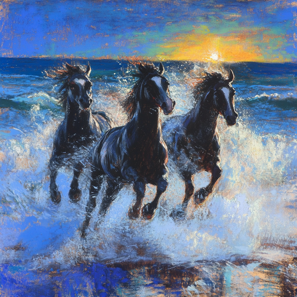 Horse race on beach water