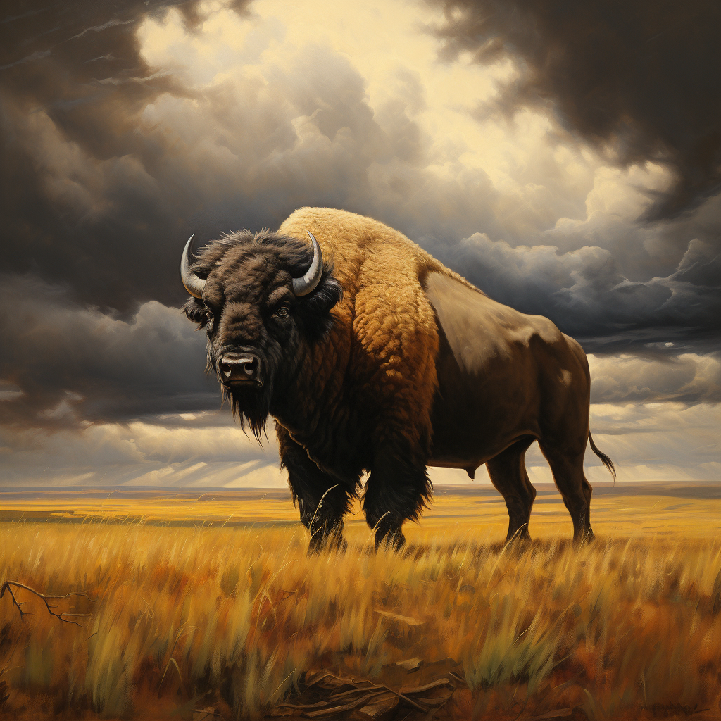 American Buffalo on Open Plains with Thunderstorm