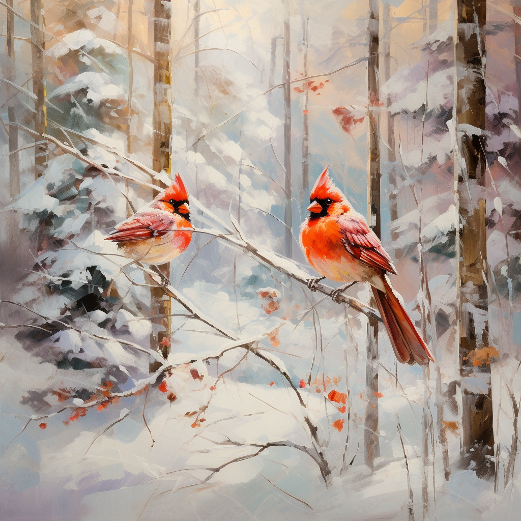 Cardinals in snowy impressionist forest