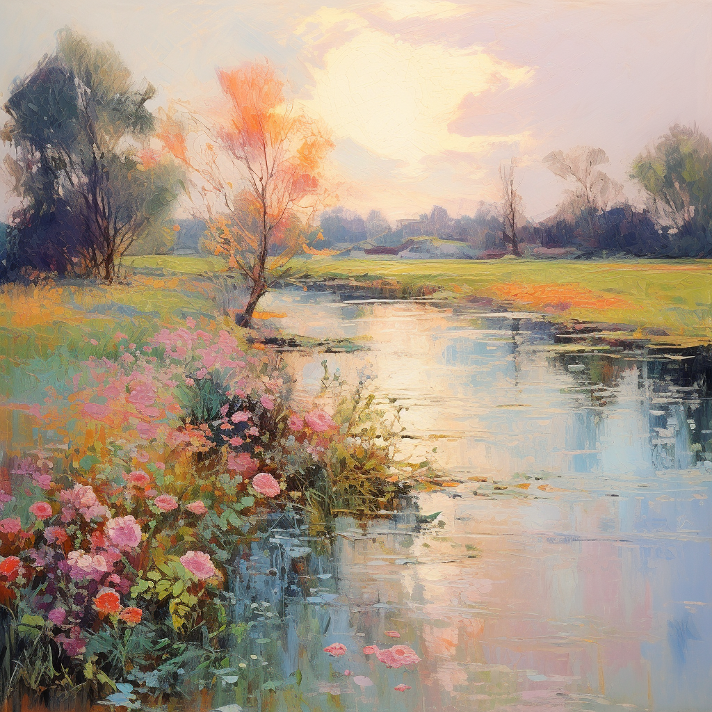 Impressionist flowers on river bank with trees