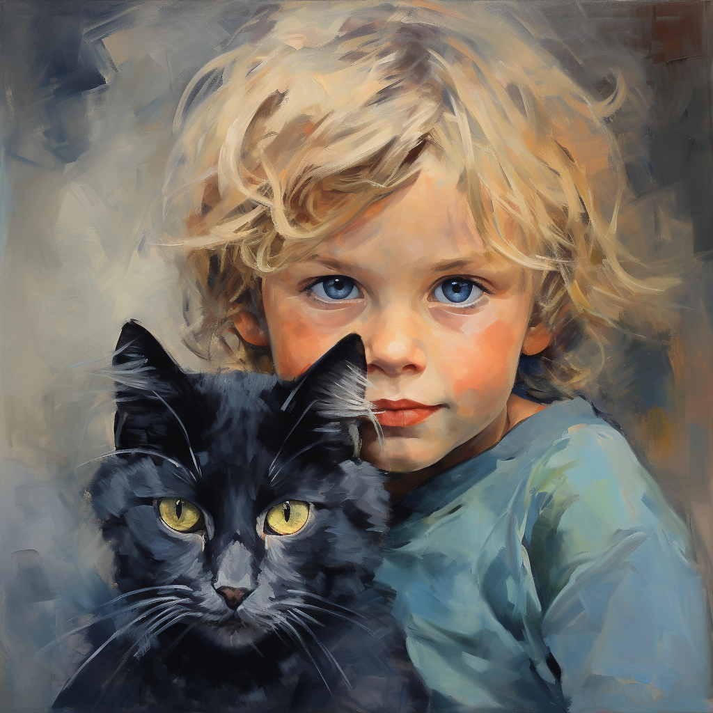 Portrait of a 5-Year-Old Boy with Dark Grey Cat