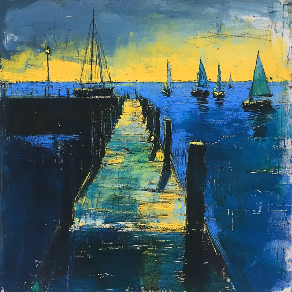 Impressionist painting of pier boats