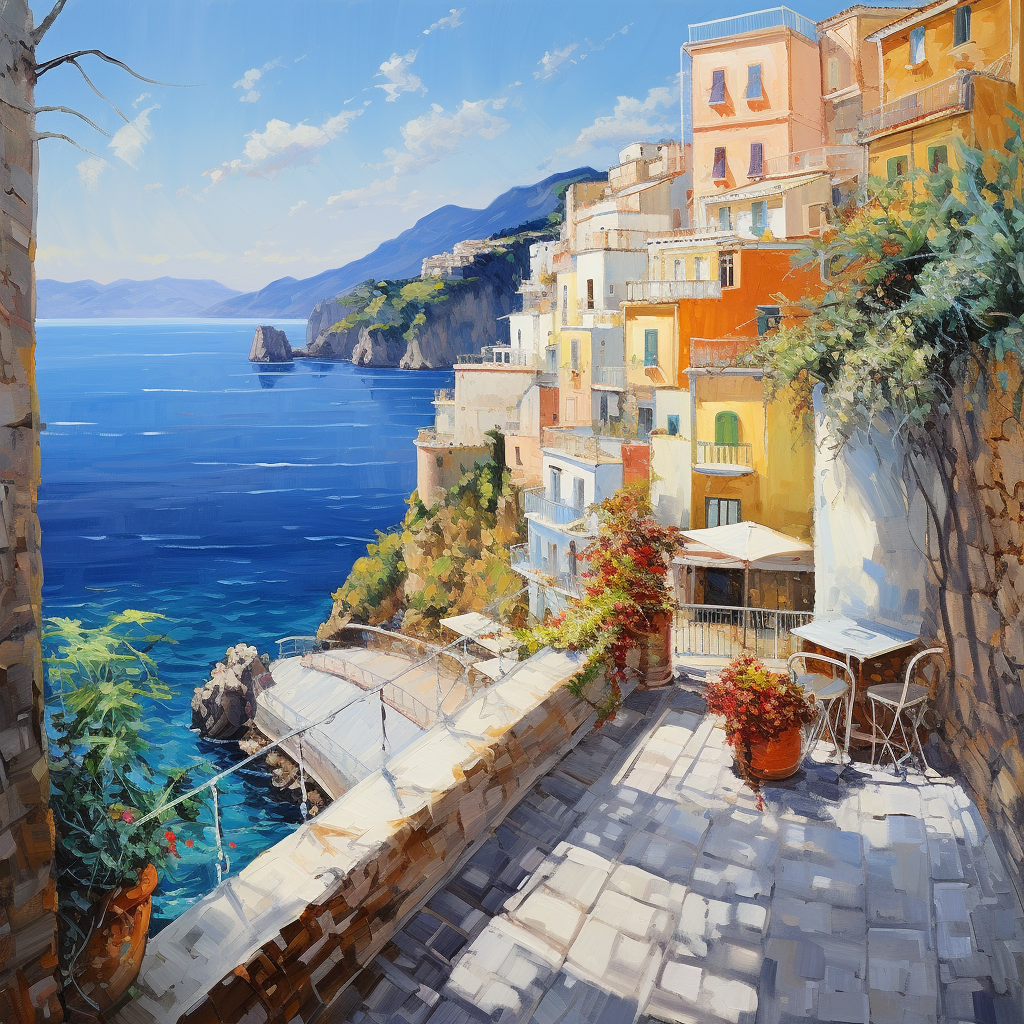 Impressionistic artwork of Amalfi Coast village and sea