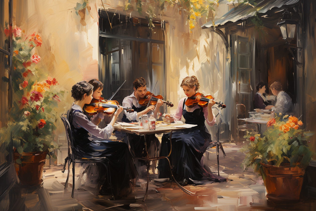 Impressionistic oil painting of classical string quartet