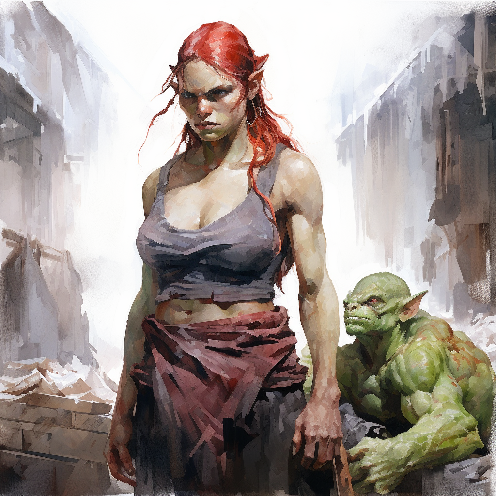 Vibrant watercolor painting of a red-skinned orc woman