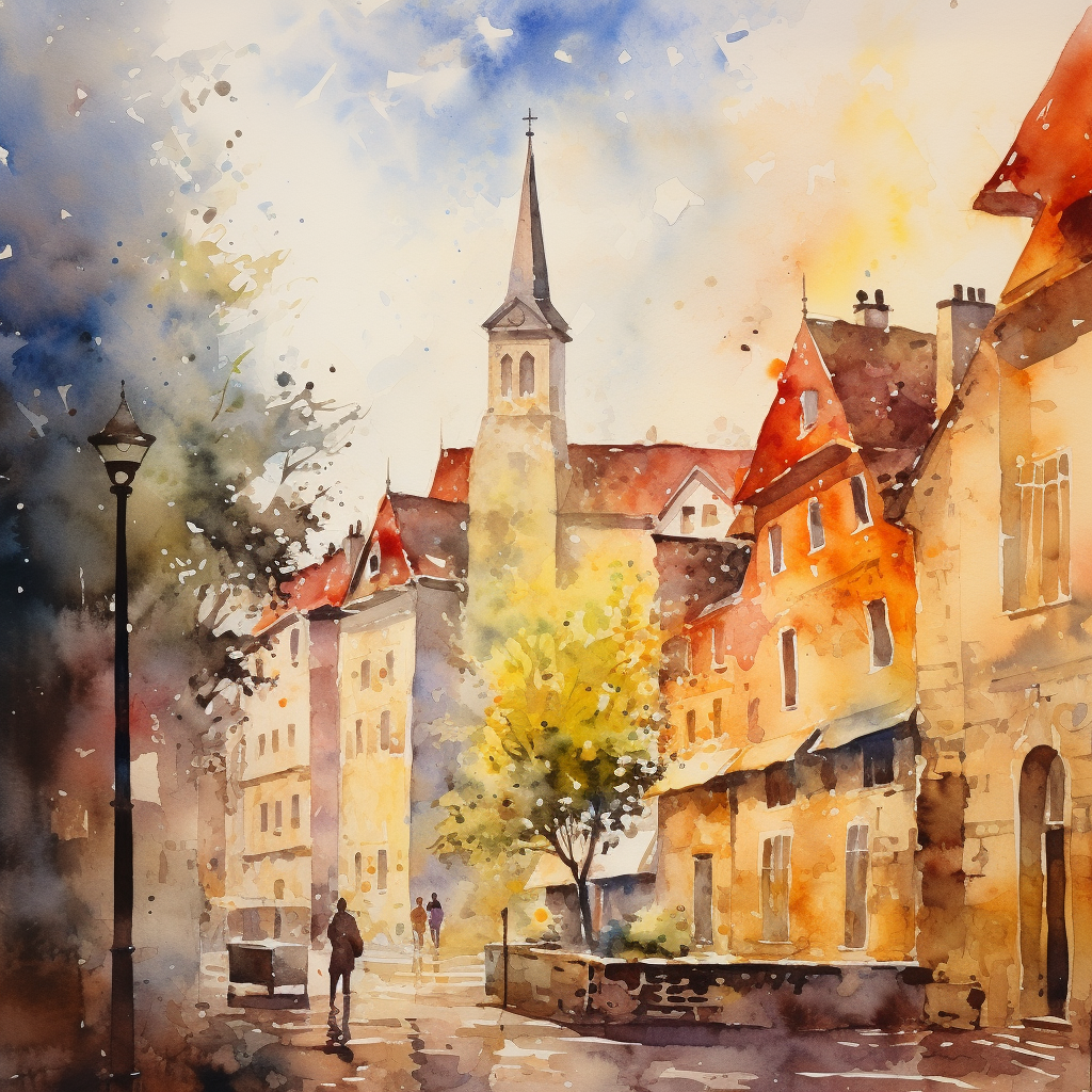 Impressionistic Watercolour Painted Background Scenic Town