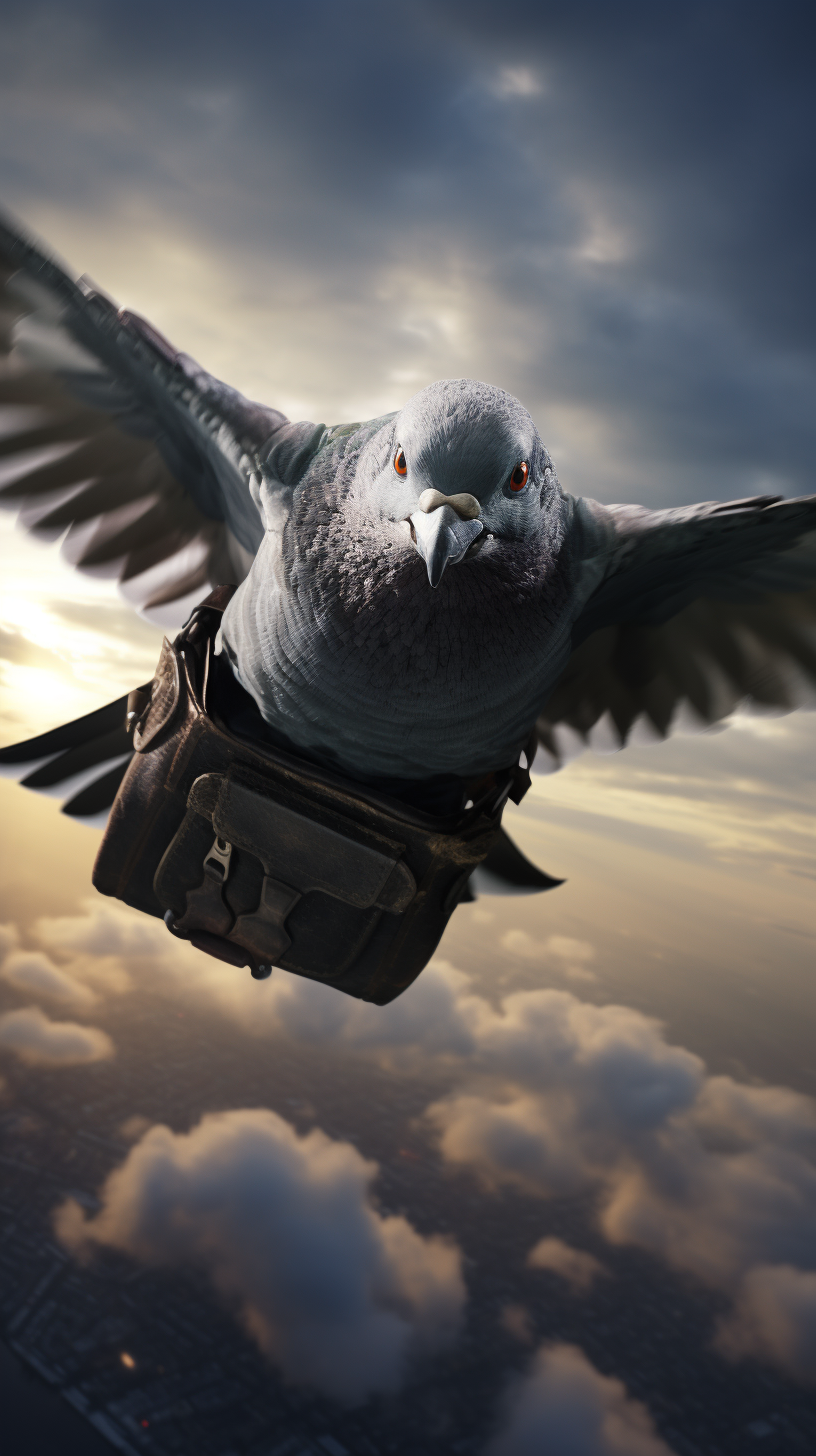 Carrier pigeon flying with impressive speed