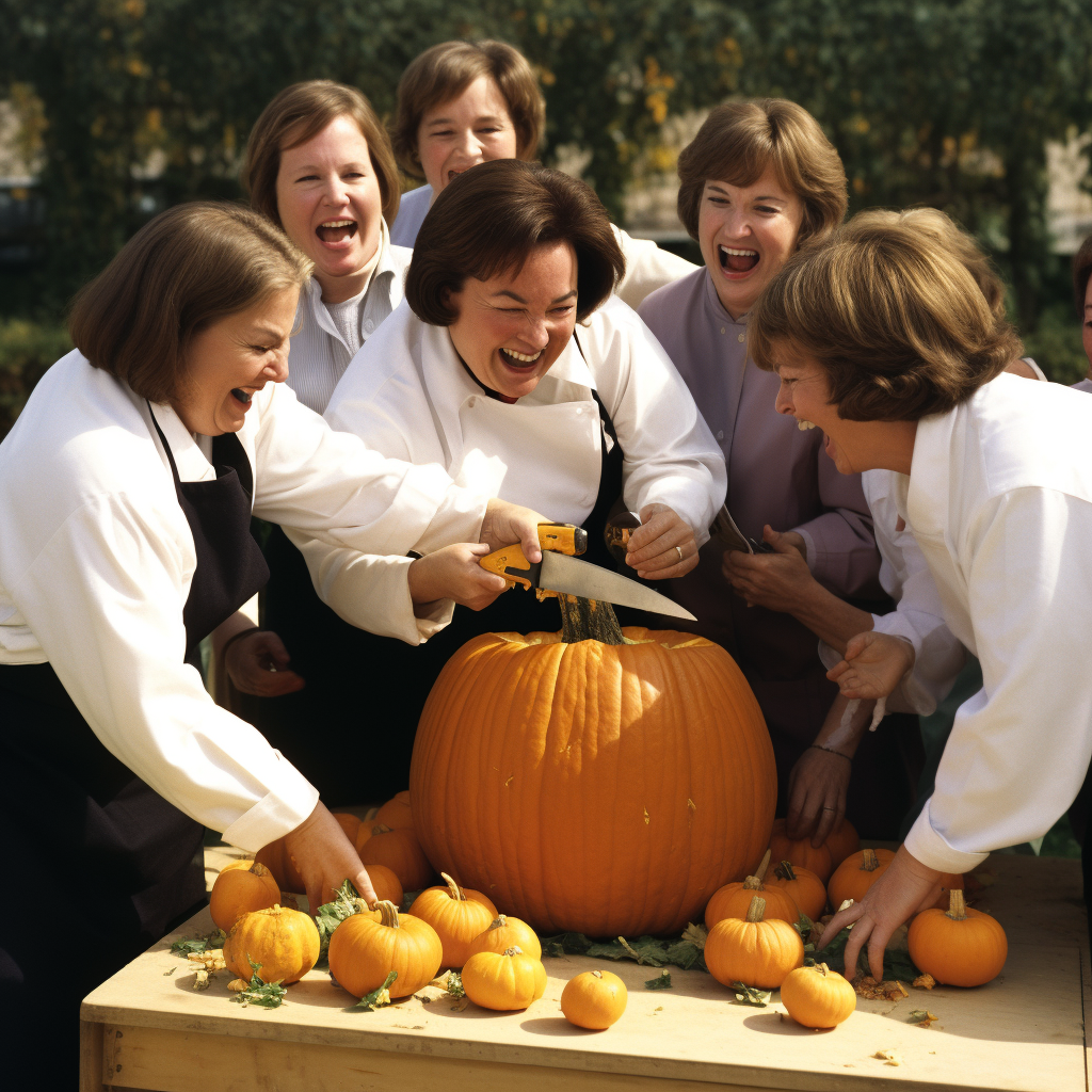 Ina Garten and friends carving pumpkins