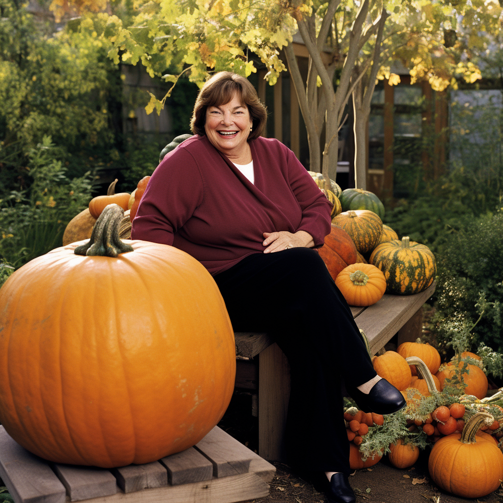 Ina Garten with giant pumpkin laughing