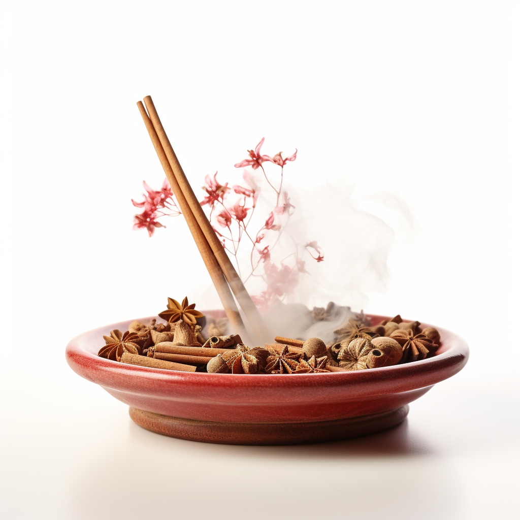 Incense sticks releasing aromatic smoke on white background