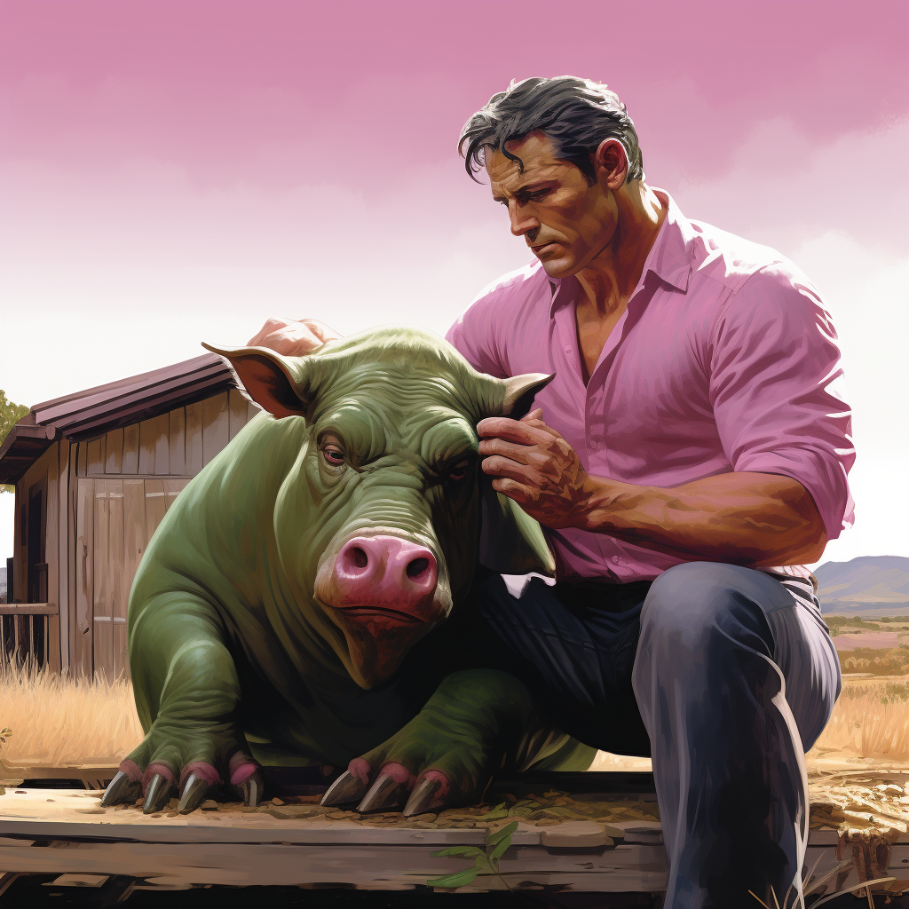 Hulk petting pink pig on ranch