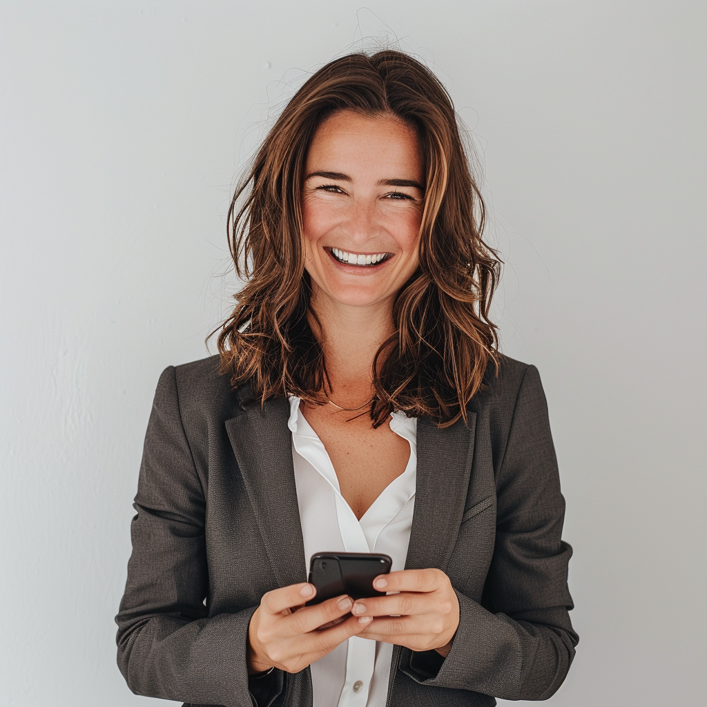 Confident woman with phone smiling